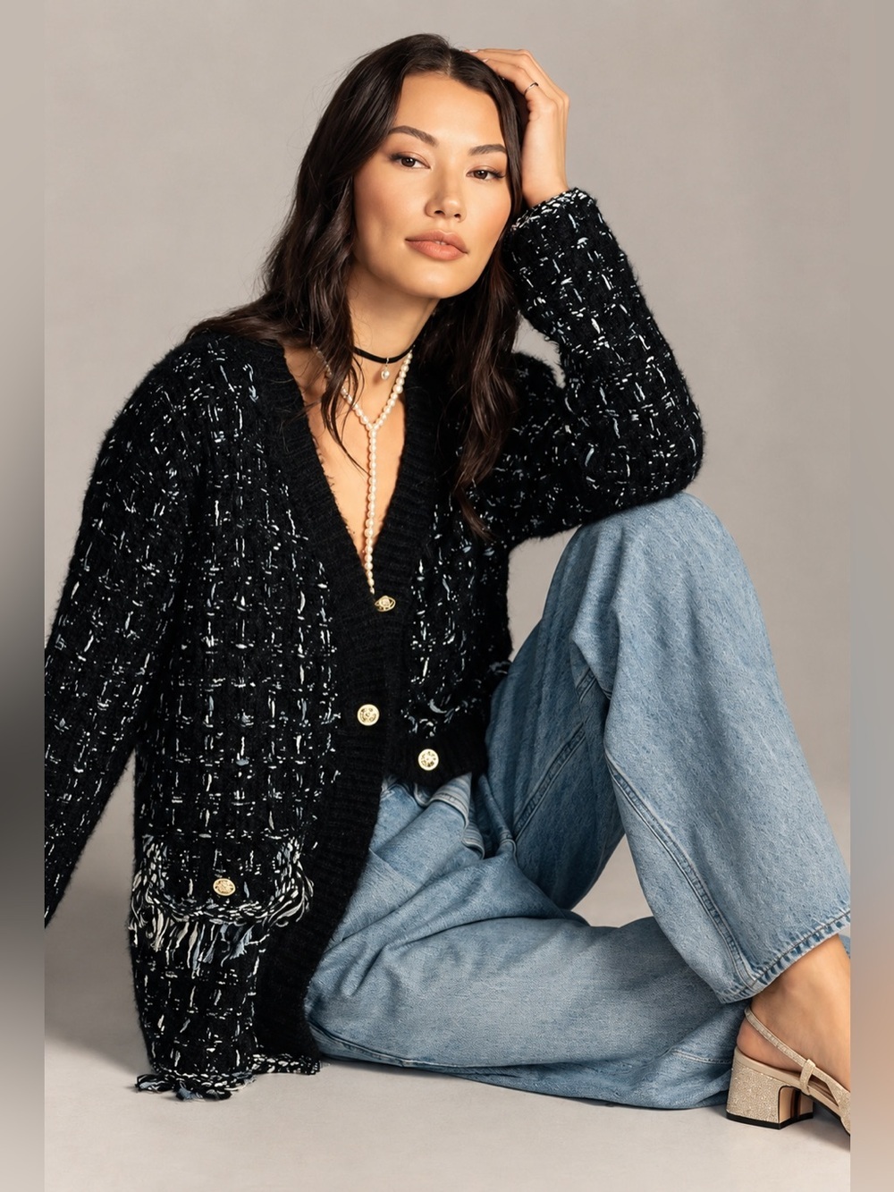 By Anthropologie Tweed Fringe Cardigan Sweater Gold Button Boucle Blue Black XS